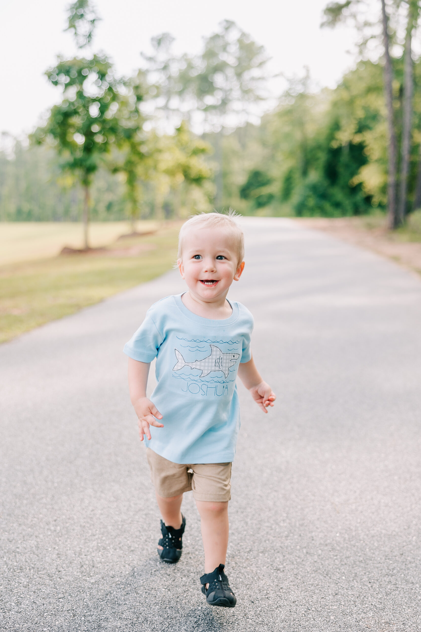 Two year old wearing his summer t-shirt made by Mary.